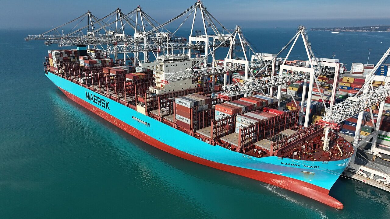 Container ship loaded with cargo at a port terminal