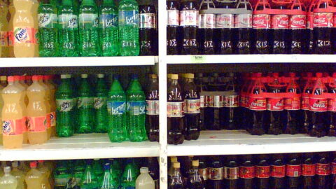 Bottled drinks on supermarket shelves