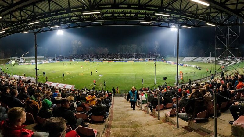 Football stadium crowd and pitch at night