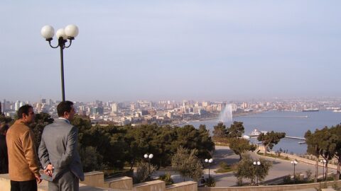 Baku skyline and Caspian waterfront seen from a viewpoint