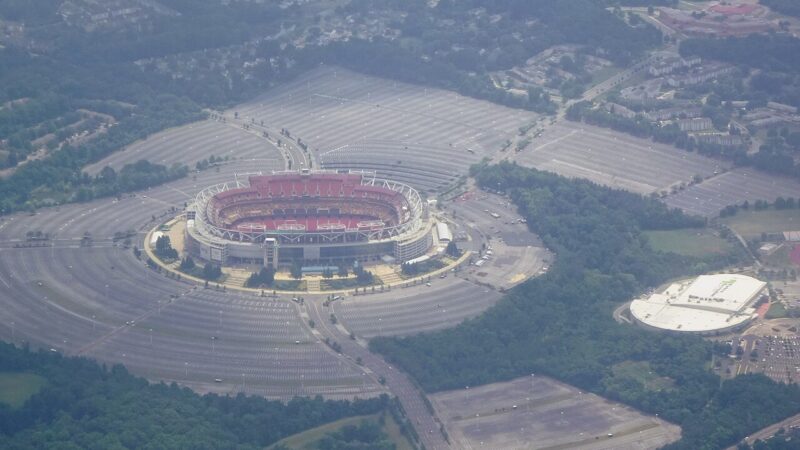 An aerial view of the Washington Commanders stadium in Landover