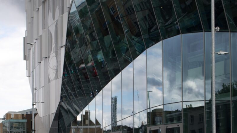 Tottenham Hotspur Stadium glass exterior on NFL London game day