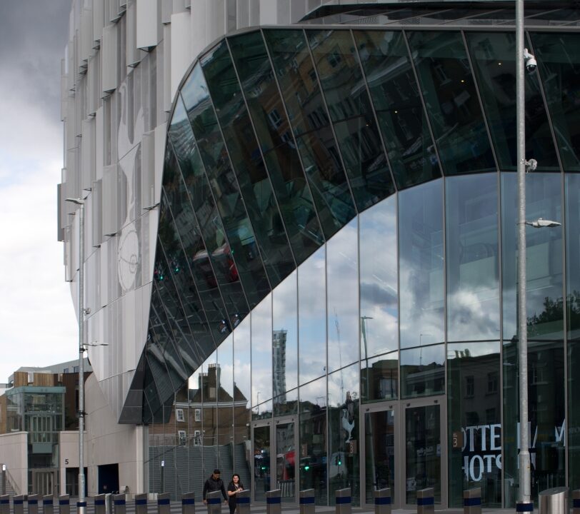 Tottenham Hotspur Stadium glass exterior on NFL London game day
